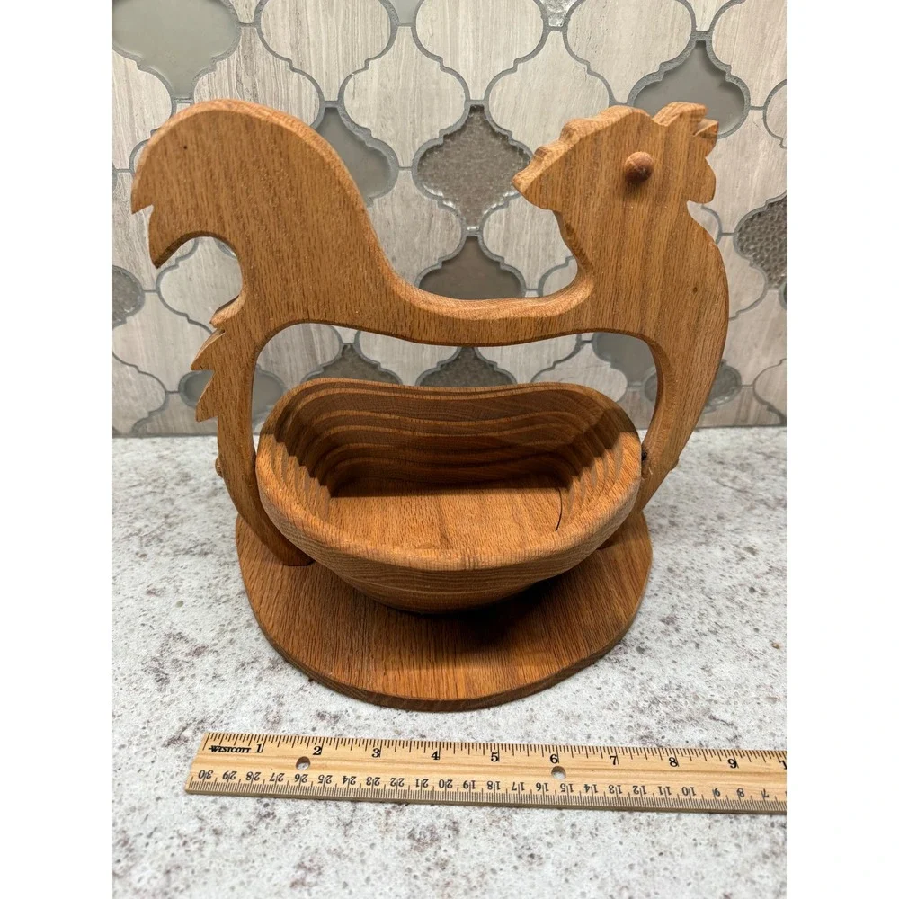 Vintage Collapsible Wooden Rooster Fruit Basket Hand Carved Oak Farmhouse Decor